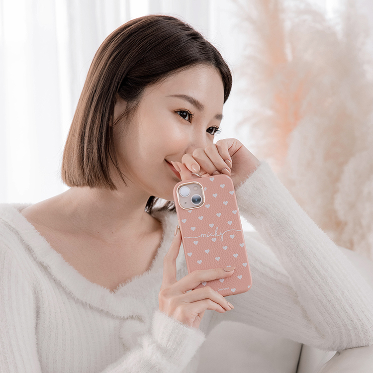 白色愛心 蜜荔殼 蜜荔粉皮革殼 - (訂製名字) iPhone客製化手機殼