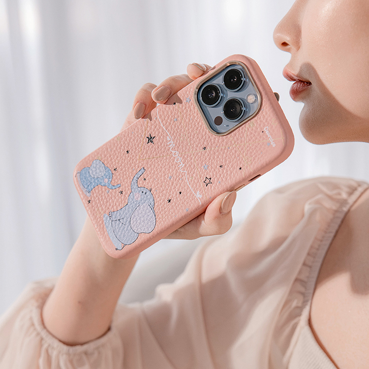 灰色小象 蜜荔殼 蜜荔粉皮革殼 - (訂製名字) iPhone客製化手機殼