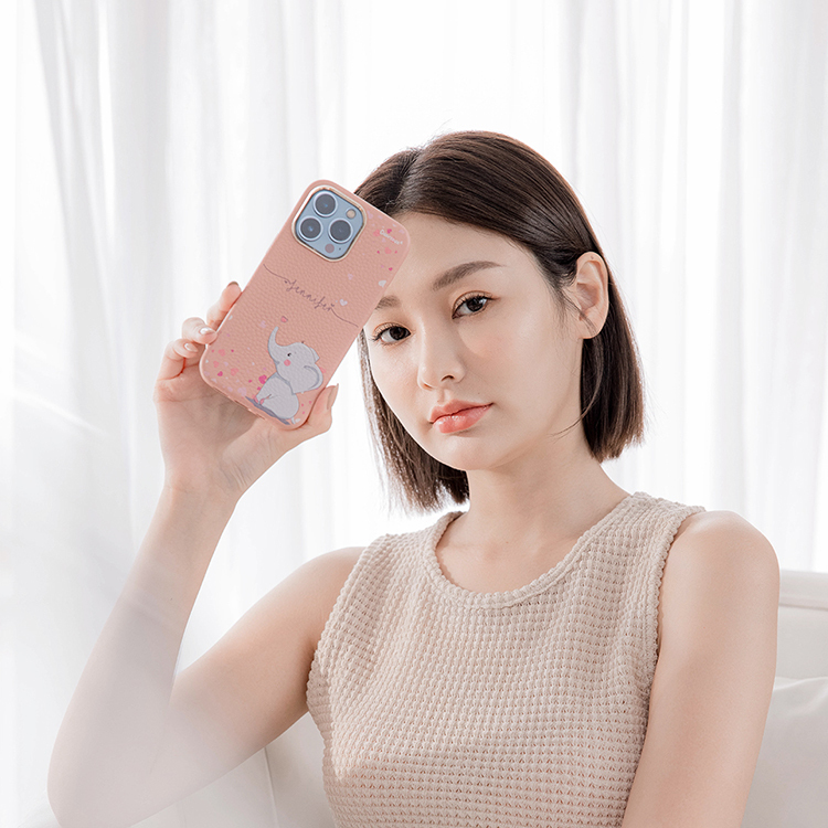 粉紅小象 蜜荔殼 蜜荔粉皮革殼 - (訂製名字) iPhone客製化手機殼
