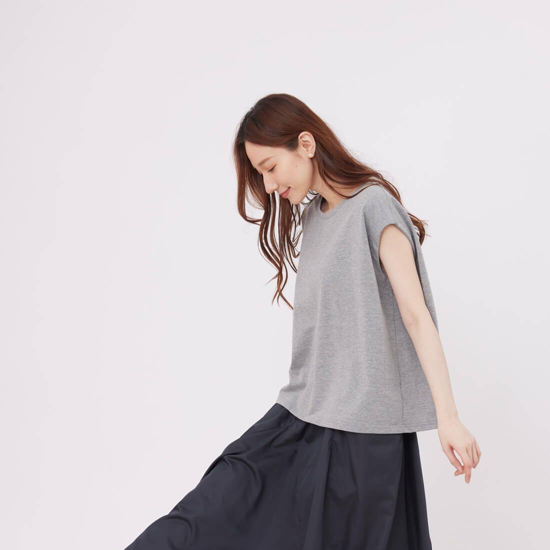 法國小毛圈落肩短T上衣/淺灰