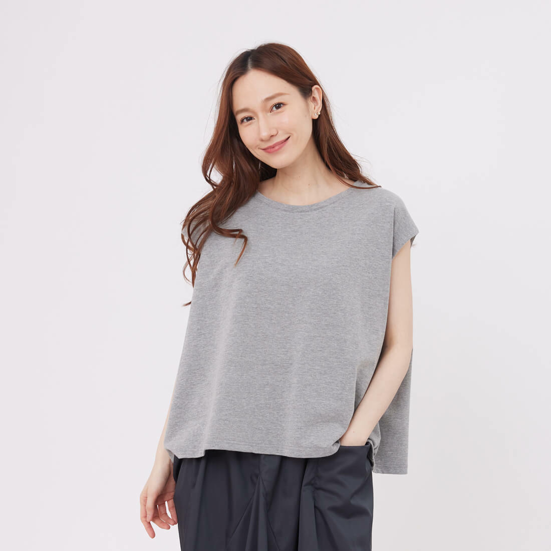 法國小毛圈落肩短T上衣/淺灰