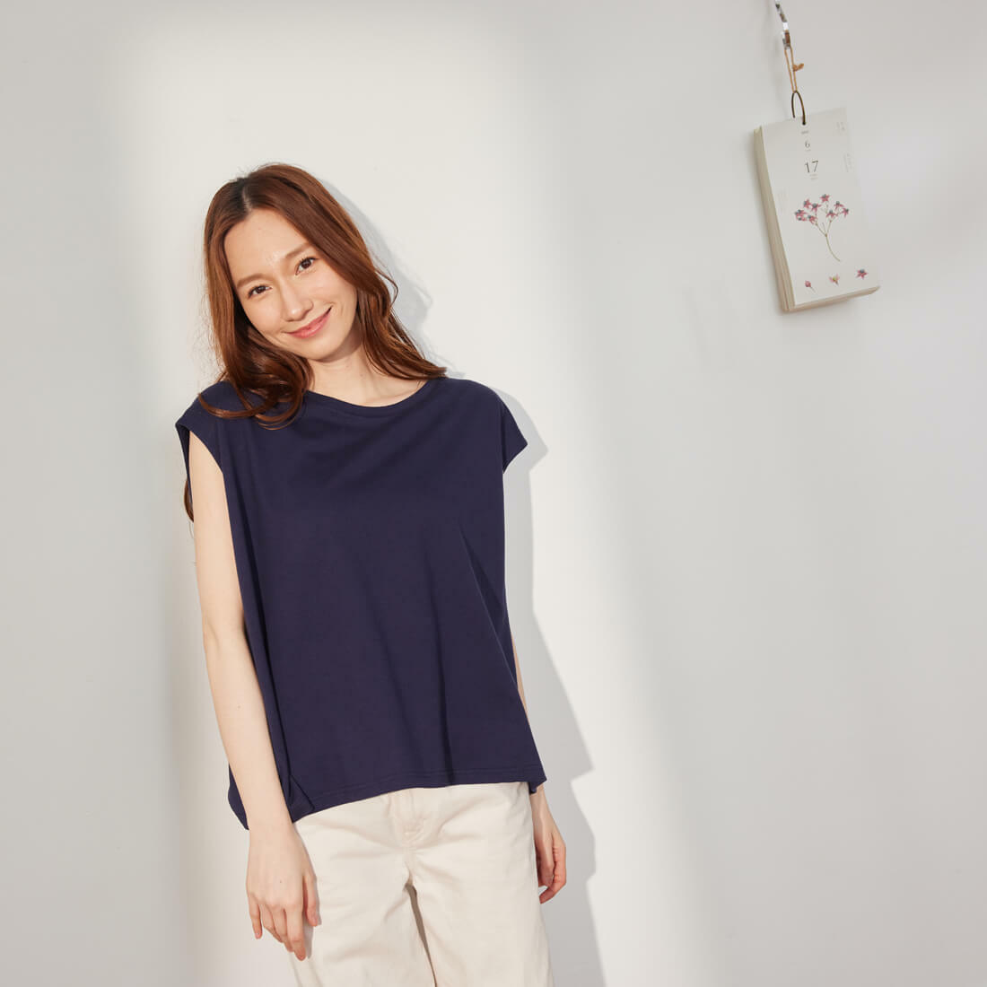法國小毛圈落肩短T上衣/深藍