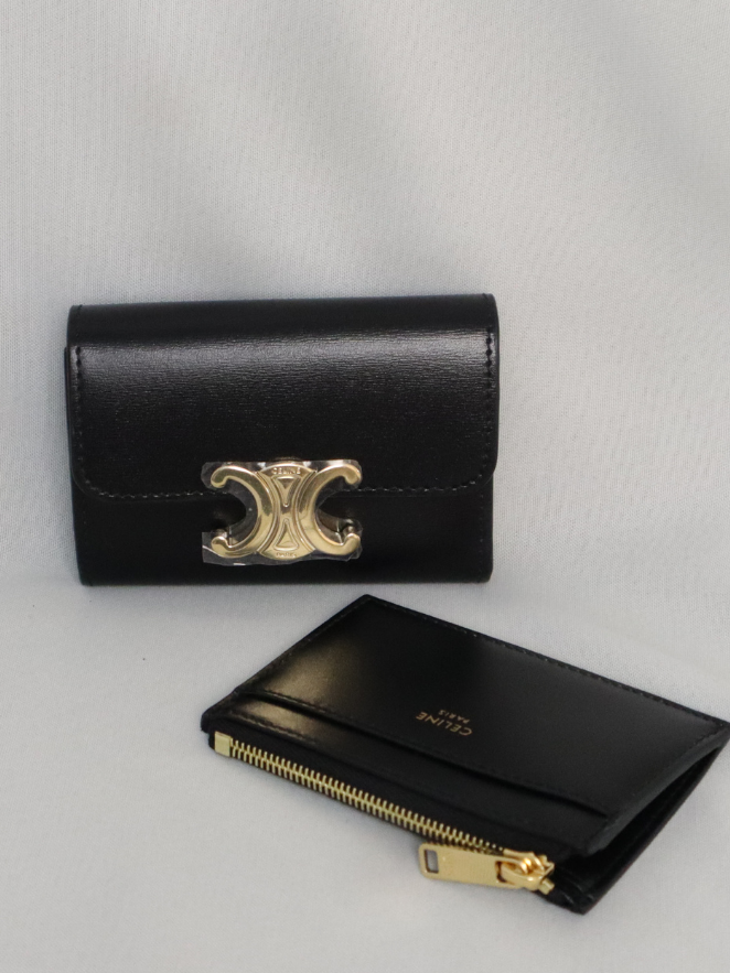 CELINE COMPACT WALLET WITH COIN IN SHINY CALFSKIN BLACK