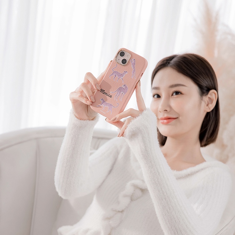 粉紅皮豹 蜜荔殼 蜜荔粉皮革殼 - (訂製名字) iPhone客製化手機殼