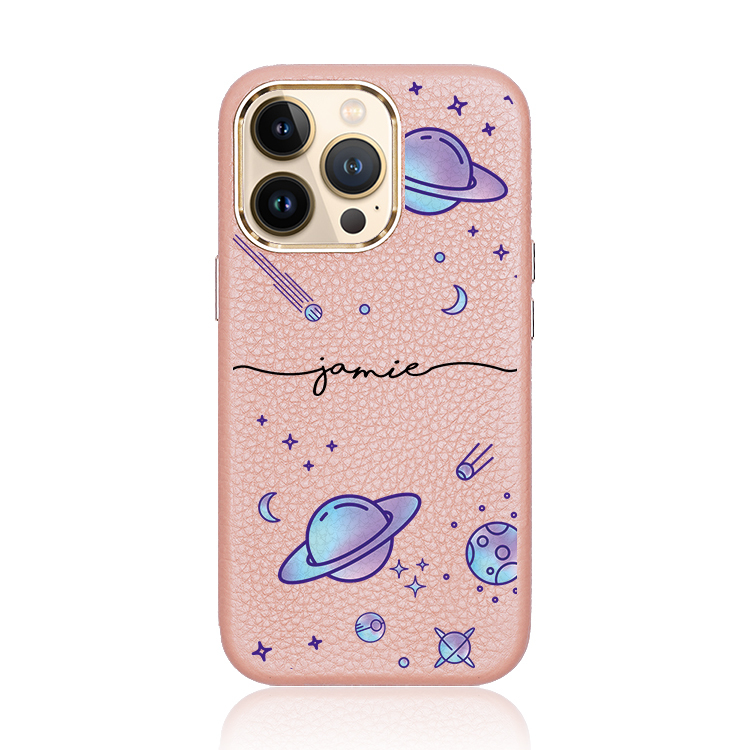 紫色星球 蜜荔殼 蜜荔粉皮革殼 - (訂製名字) iPhone客製化手機殼
