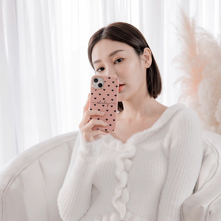 黑色愛心 蜜荔殼 蜜荔粉皮革殼 - (訂製名字) iPhone客製化手機殼