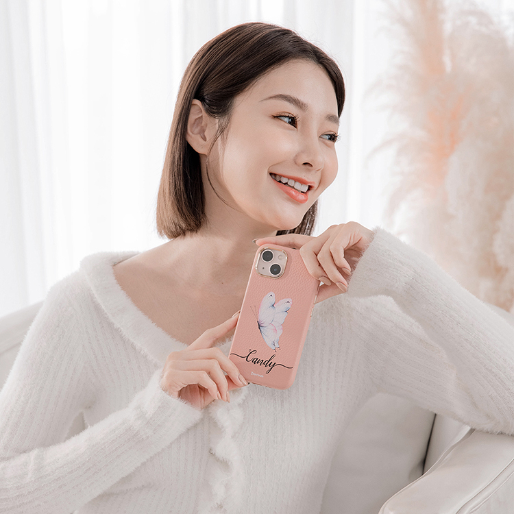 夢幻粉蝶 蜜荔殼 蜜荔粉皮革殼 - (訂製名字) iPhone客製化手機殼