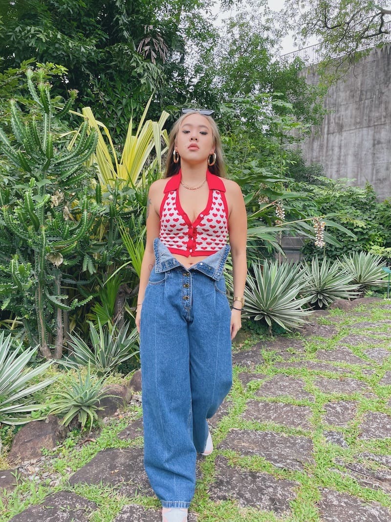 復古高腰排扣牛仔褲