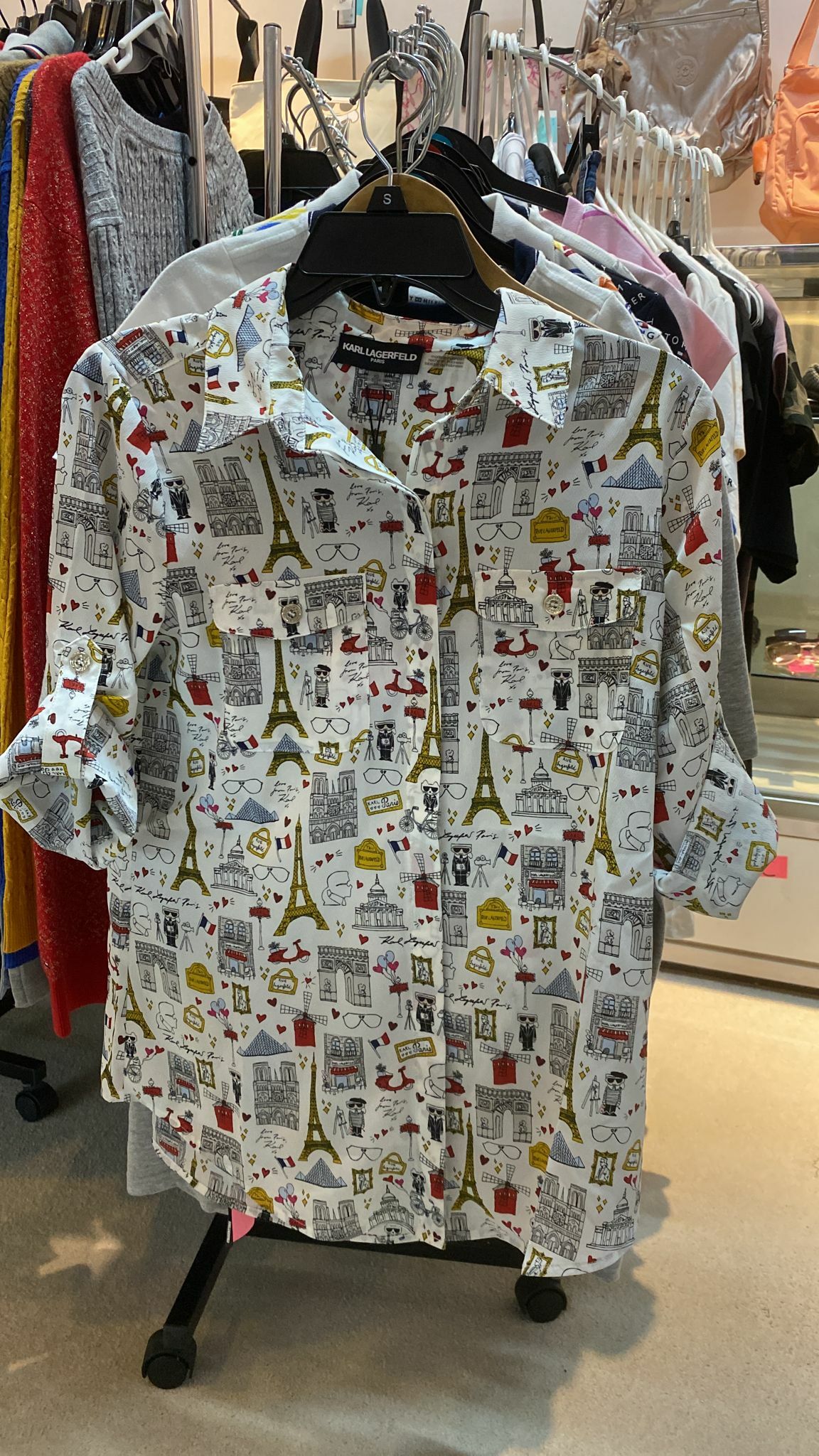 [S] KARL LAGERFELD PARIS WOMEN LONG SLEEVE WHIMSICAL BLOUSE, WHITE/TWILIGHT, L1TA9577-S1M (SKL140)