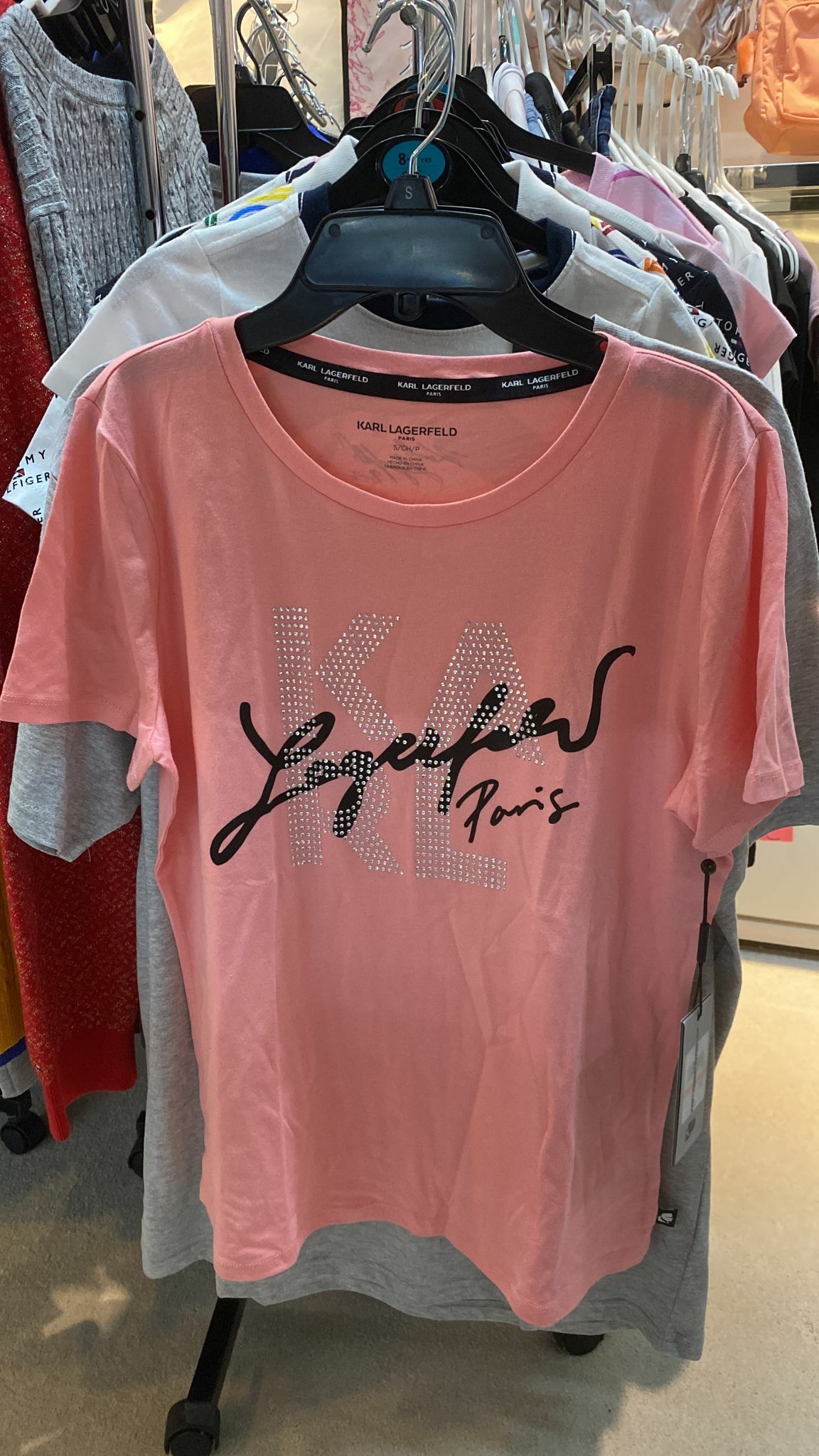 [S] KARL LAGERFELD RHINESTONE LOGO T-SHIRT, PINK, L1WHFD91-FLA (SKL150)