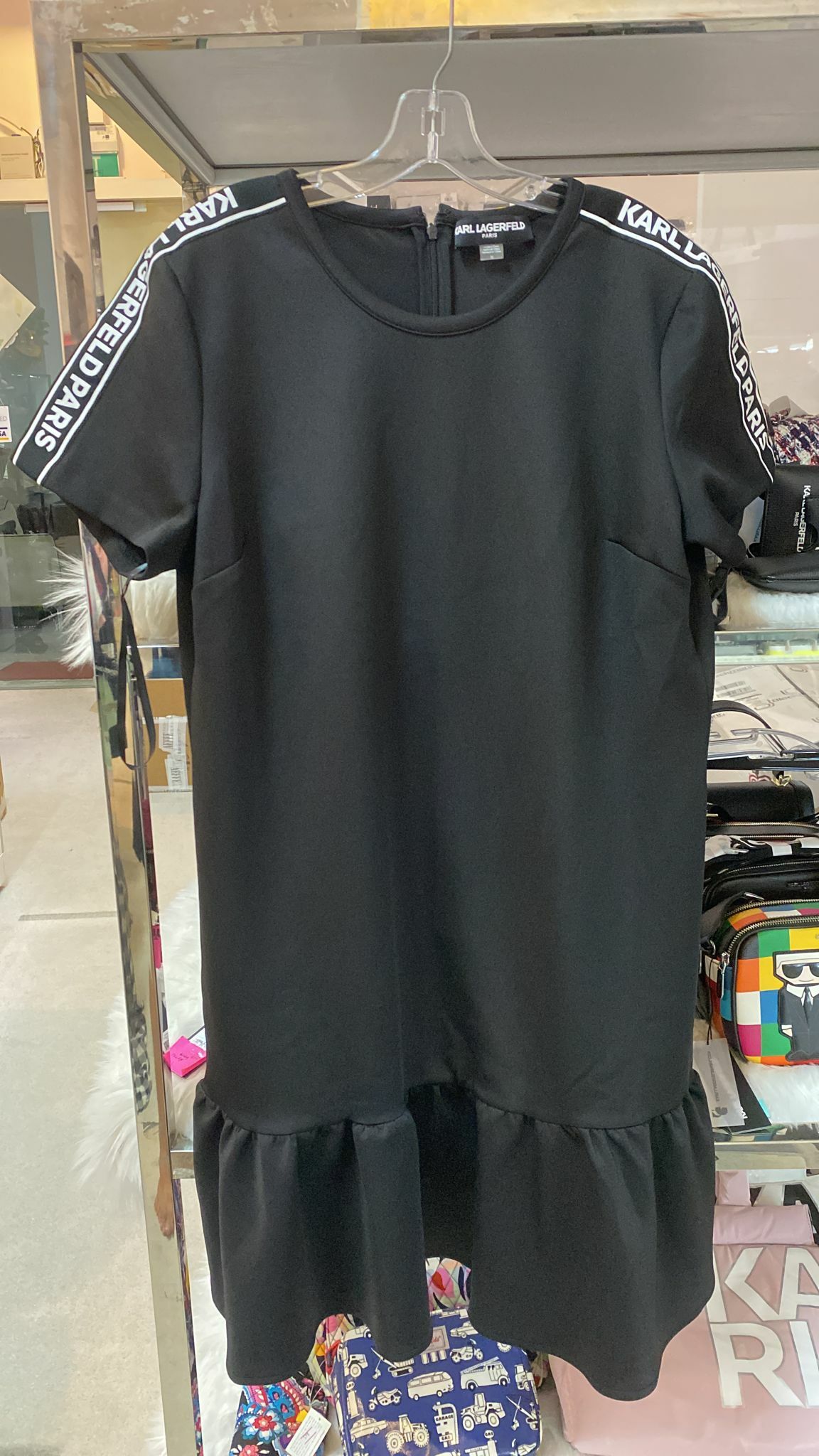 [S] KARL LAGERFELD SCUBA LOGO TAPE FLOUNCE DRESS, BLACK, LD1KM660-BLK (SKL148)