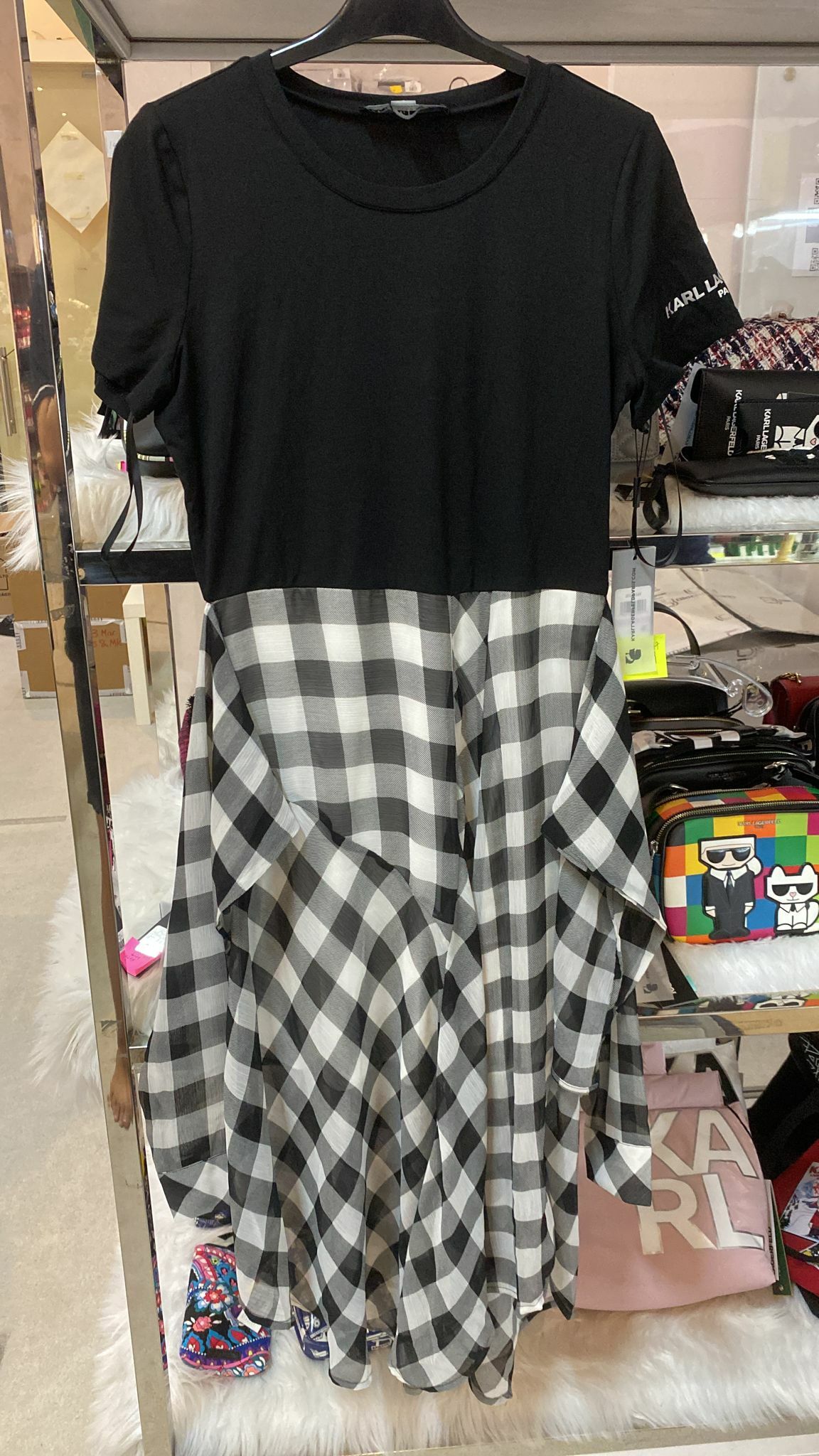 [S] KARL LAGERFELD PLAID CHIFFON TIE-FRONT MIDI DRESS,BLACK, LD2AZ549-BLK (SKL147)