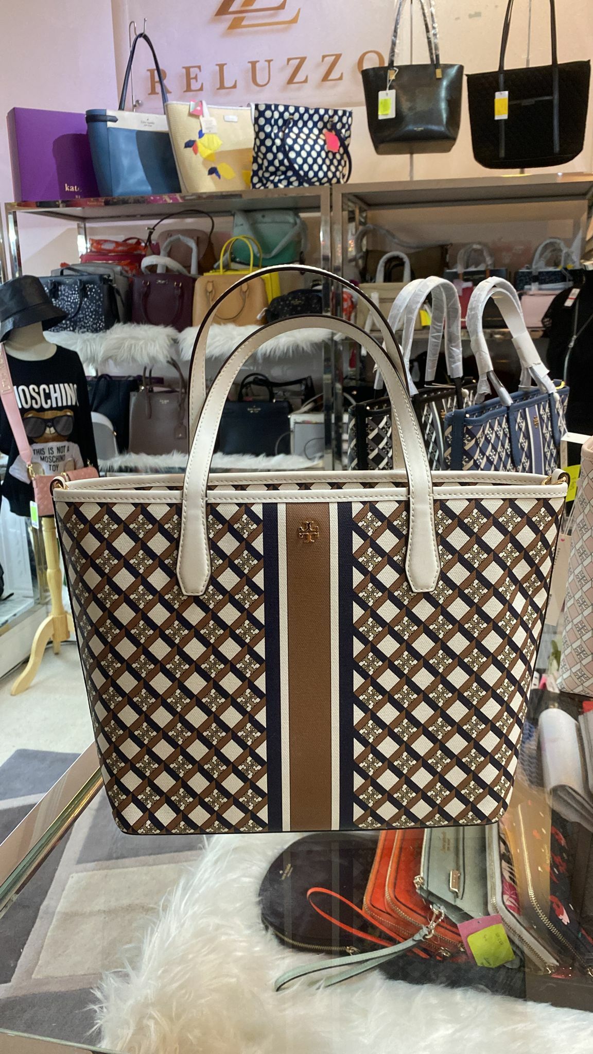 [S] TORY BURCH GEO LOGO MINI TOP ZIP TOTE, IVORY NEUTRAL , 89763-293 (STB104)