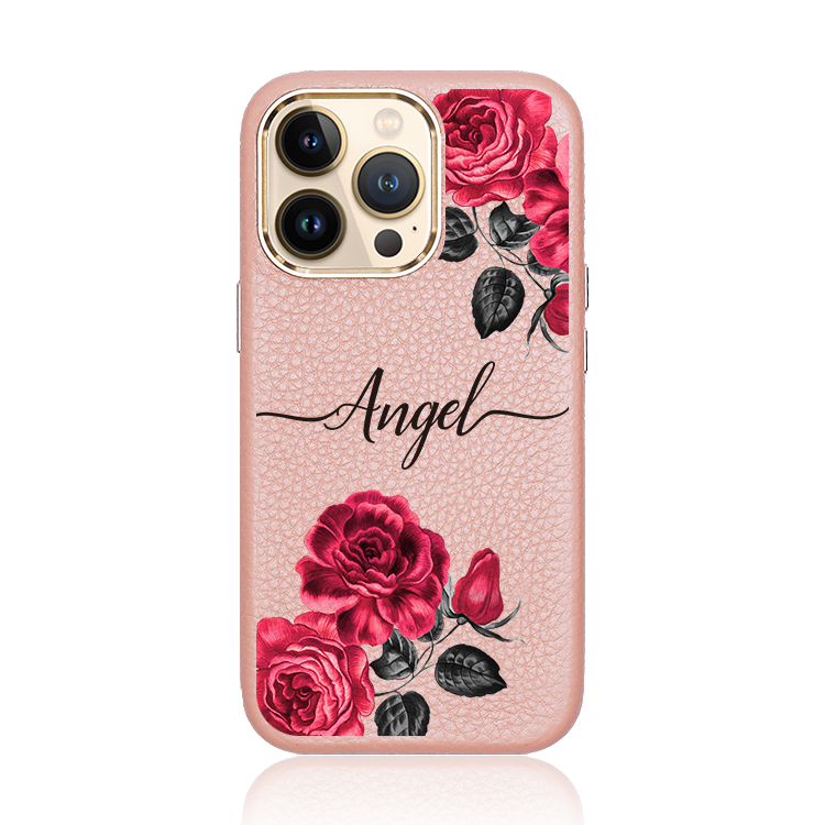刺繡玫瑰 蜜荔殼 蜜荔粉皮革殼 - (訂製名字) iPhone客製化手機殼