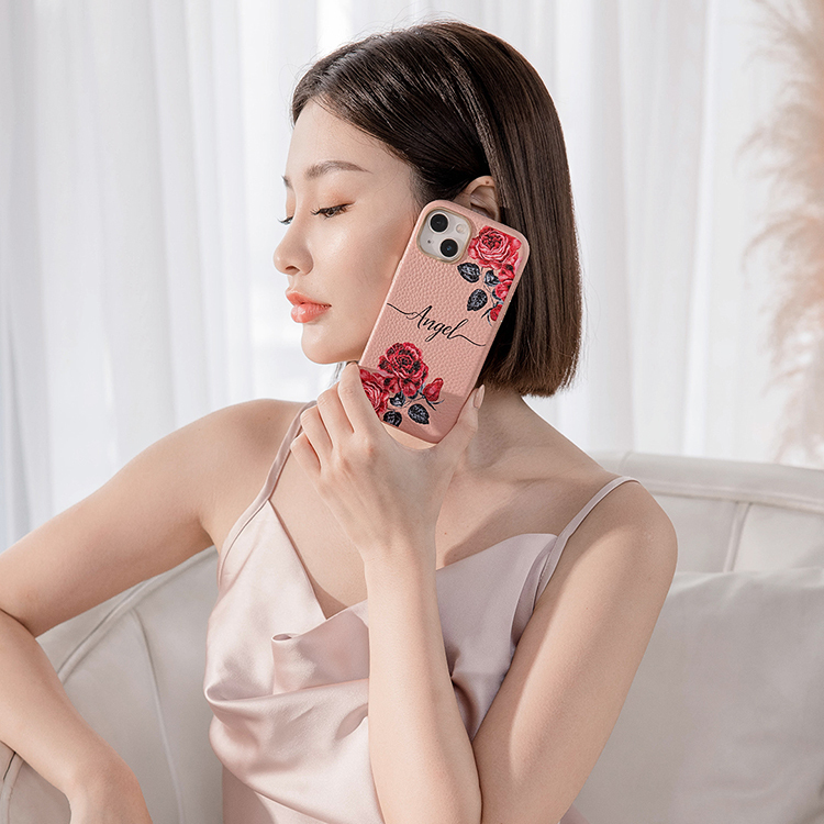刺繡玫瑰 蜜荔殼 蜜荔粉皮革殼 - (訂製名字) iPhone客製化手機殼