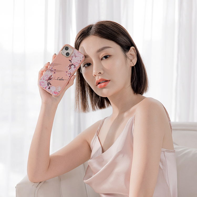 法式玫瑰 蜜荔殼 蜜荔粉皮革殼 - (訂製名字) iPhone客製化手機殼