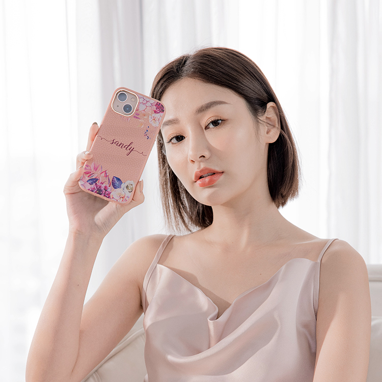 桃紫叢林 蜜荔殼 蜜荔粉皮革殼 - (訂製名字) iPhone客製化手機殼