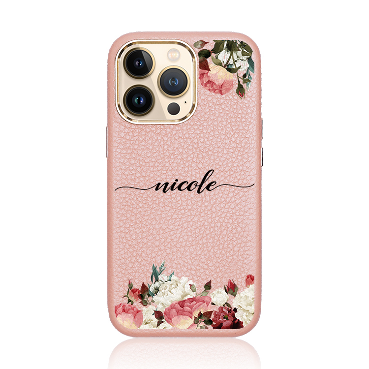 氣質玫瑰 蜜荔殼 蜜荔粉皮革殼 - (訂製名字) iPhone客製化手機殼