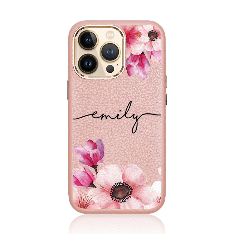 日本櫻花 蜜荔殼 蜜荔粉皮革殼 - (訂製名字) iPhone客製化手機殼