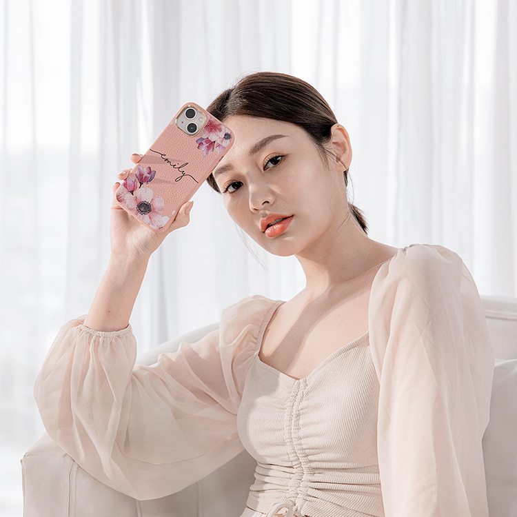 日本櫻花 蜜荔殼 蜜荔粉皮革殼 - (訂製名字) iPhone客製化手機殼