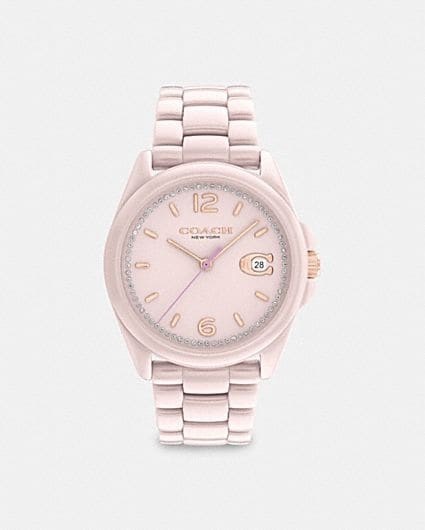 【Coach】經典Logo粉陶瓷日曆女錶 CO14503926 36mm  現代鐘錶