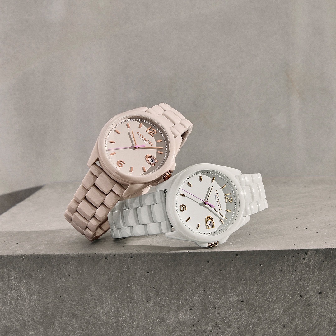 【Coach】經典Logo粉陶瓷日曆女錶 CO14503926 36mm  現代鐘錶