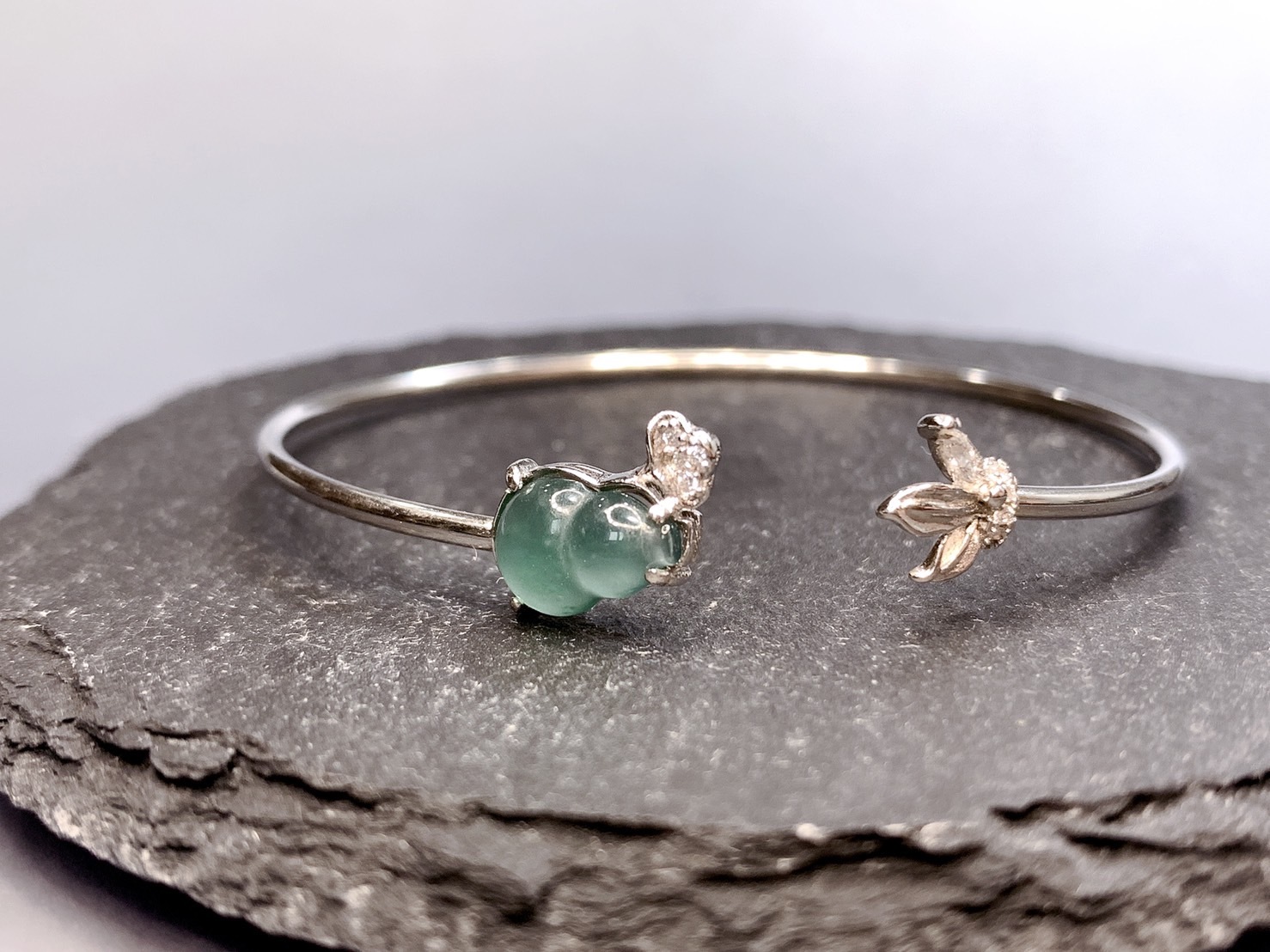 福氣高升丨瓜料冰藍色系翡翠銀手環