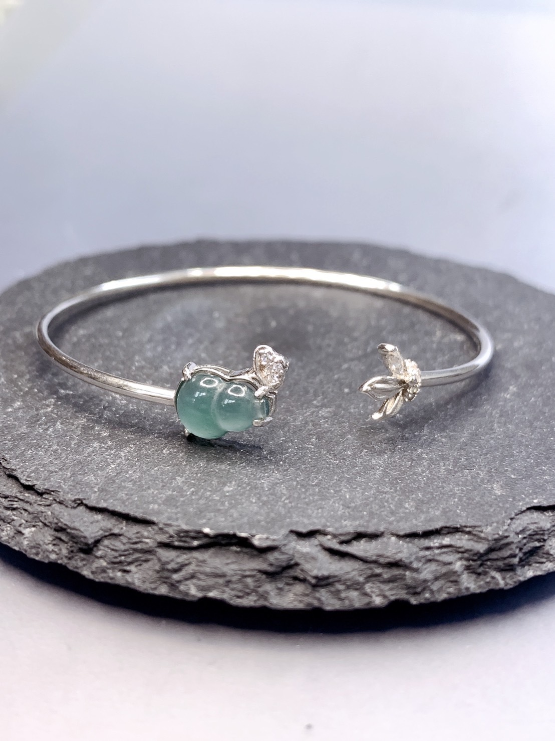 福氣高升丨瓜料冰藍色系翡翠銀手環