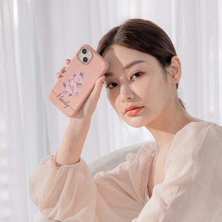 專情玫瑰 蜜荔殼 蜜荔粉皮革殼 - (訂製名字) iPhone客製化手機殼