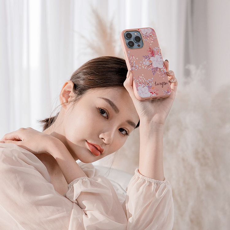 淡粉櫻花 蜜荔殼 蜜荔粉皮革殼 - (訂製名字) iPhone客製化手機殼