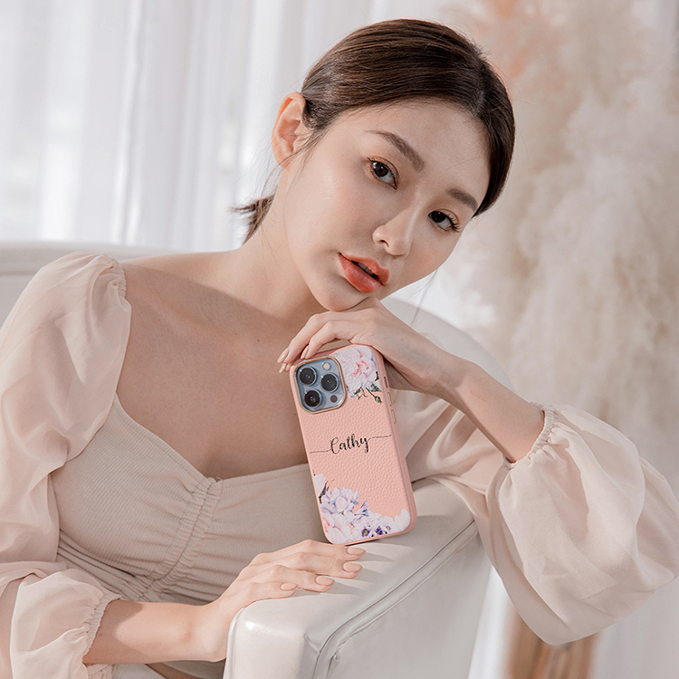 淺紫羅蘭 蜜荔殼 蜜荔粉皮革殼 - (訂製名字) iPhone客製化手機殼