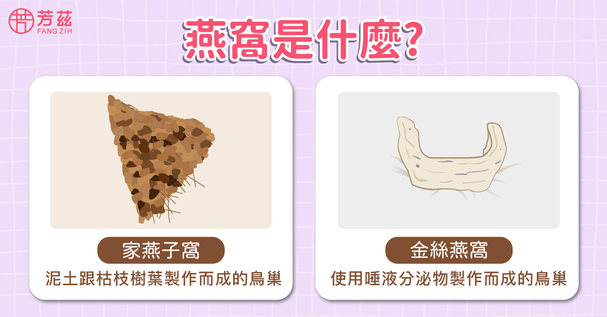 顧名思義就是”燕子的窩 ”，但並不是隨便的燕子窩都能吃呦！，燕窩是需要從一種由金絲燕使用唾液分泌物製作而成的鳥巢，透過人工摘取、挑毛清洗之後，才能獲得我們平常看到的白泡泡幼咪咪的＂燕窩＂，也是因為繁複的手工工程造就了燕窩的珍貴。