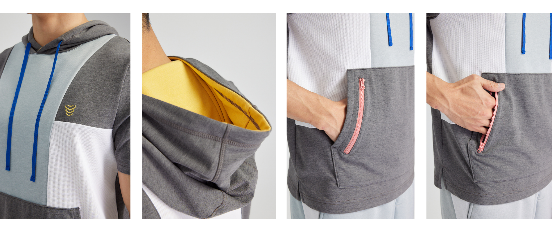 帽 T 的設計細節，包含顏色與布料拼接、雙層帽、拉鍊口袋