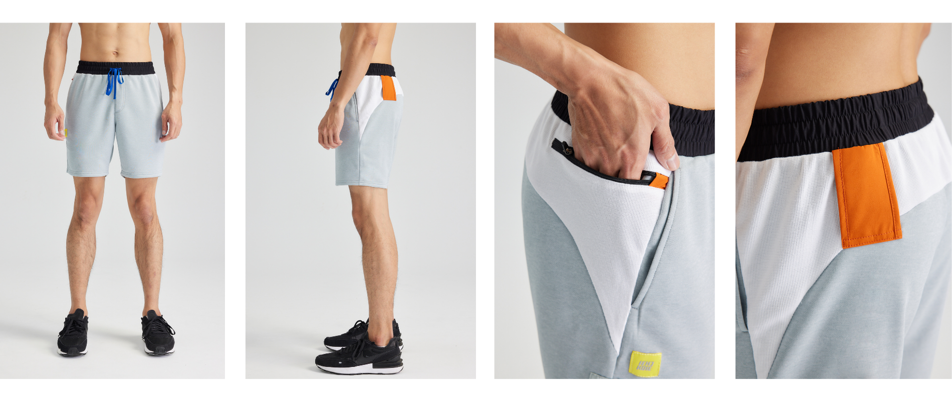 運動短褲設計細節，包含顏色拼接、拉鍊口袋、毛巾環