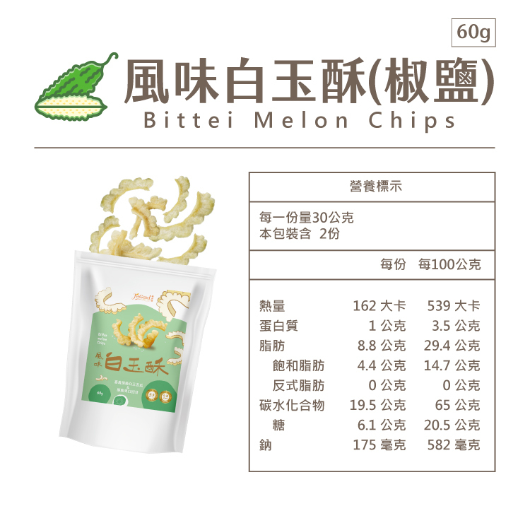 風味白玉酥椒鹽營養標示,每份30公克,本包含量2份,每份熱量162大卡,蛋白質1公克,脂肪8.8公克,飽和脂肪4.4公克,反式脂肪0公克,碳水化合物19.5公克,糖6.1公克,鈉175毫克