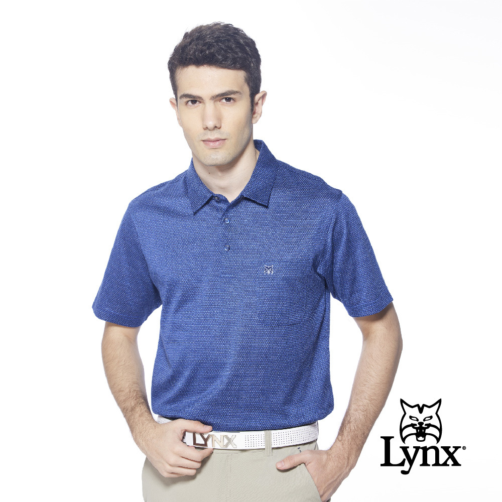 【Lynx Golf】男款歐洲進口絲光緹花面料山貓繡花胸袋款短袖POLO衫