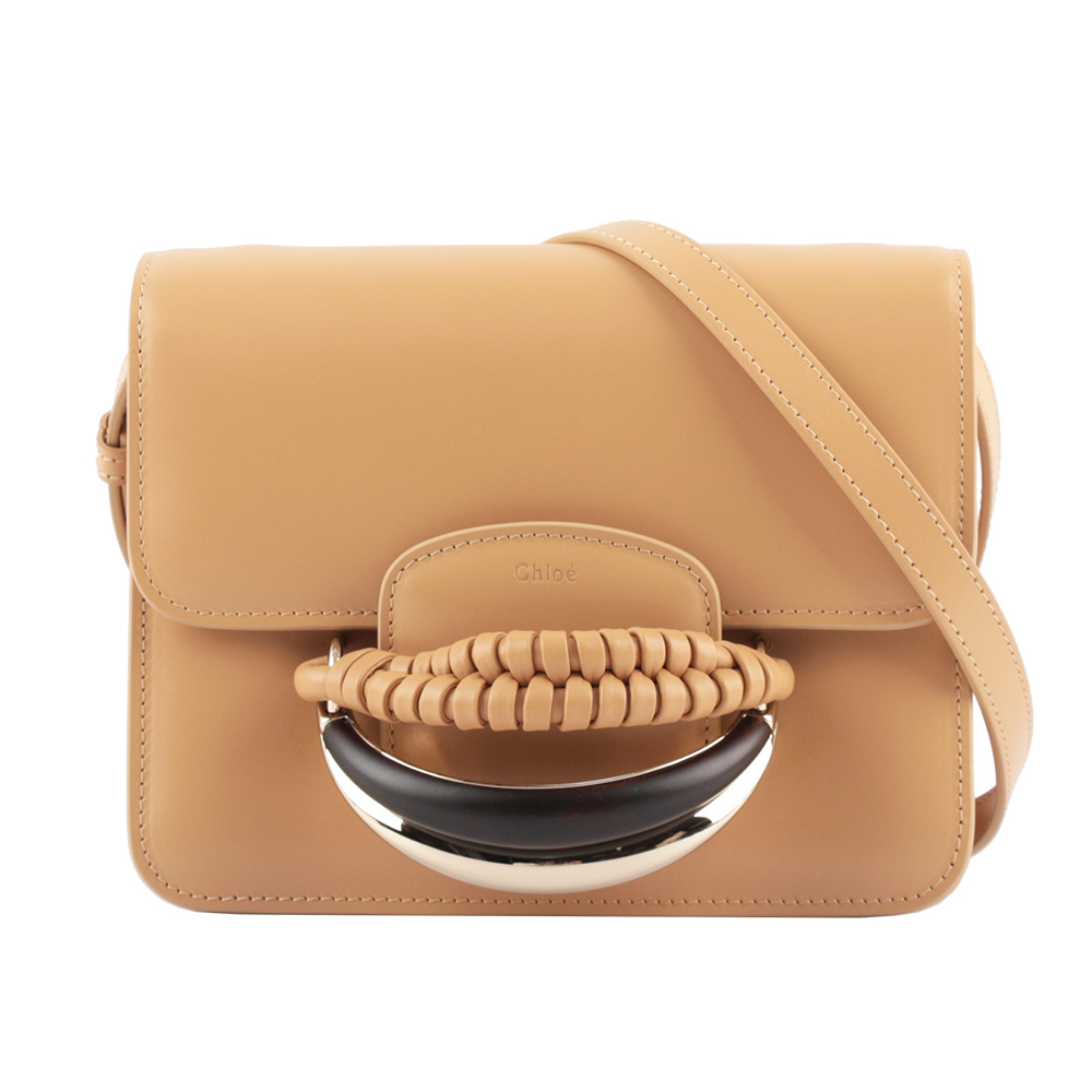 【Chloé】Kattie 閃亮小牛皮編織設計珠寶手拿/斜背二用包(淺茶色)