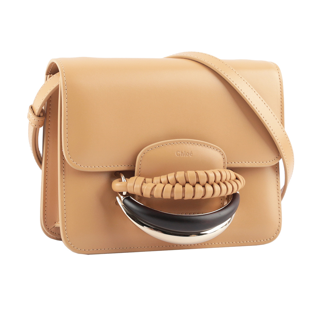 【Chloé】Kattie 閃亮小牛皮編織設計珠寶手拿/斜背二用包(淺茶色)