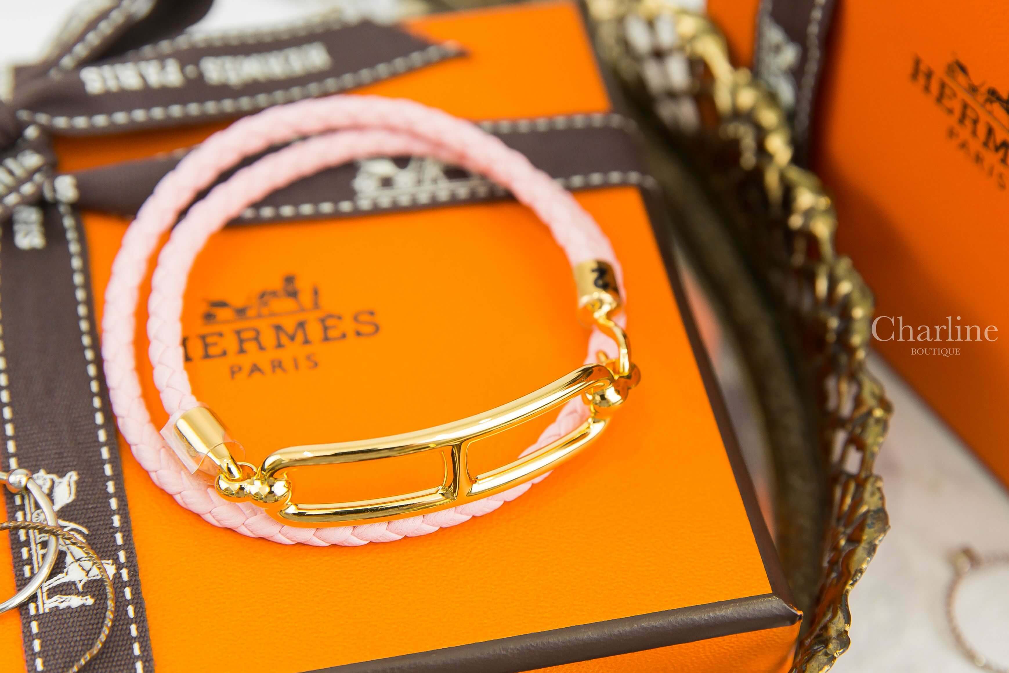 Hermès Roulis Double Tour Bracelet 櫻花粉編織小牛皮金色θ雙圈手環
