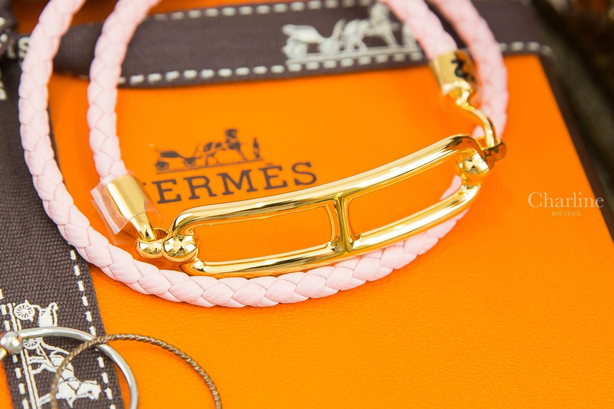 Hermès Roulis Double Tour Bracelet 櫻花粉編織小牛皮金色θ雙圈手環
