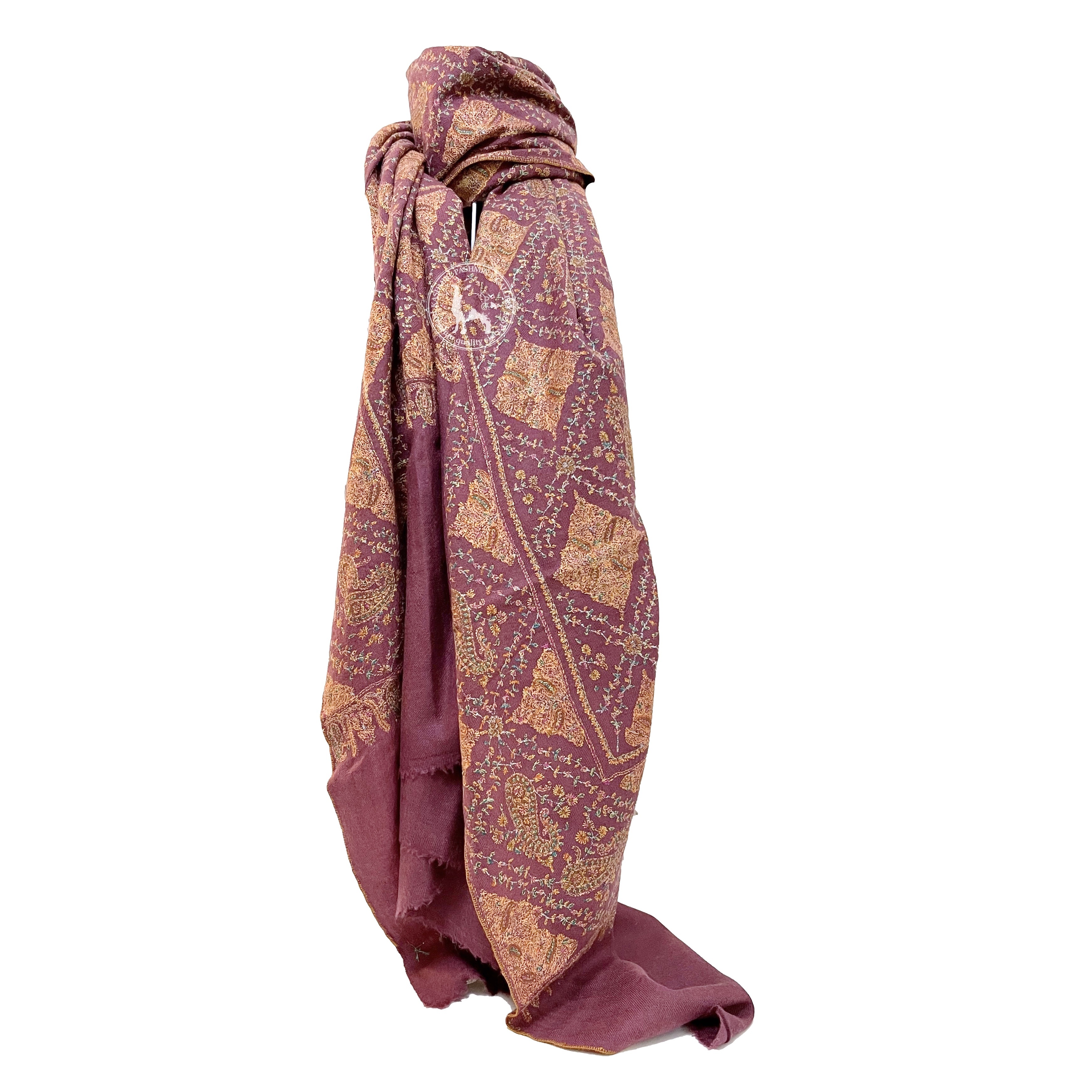 紫羅蘭紅色全刺繡喀什米爾羊絨披肩