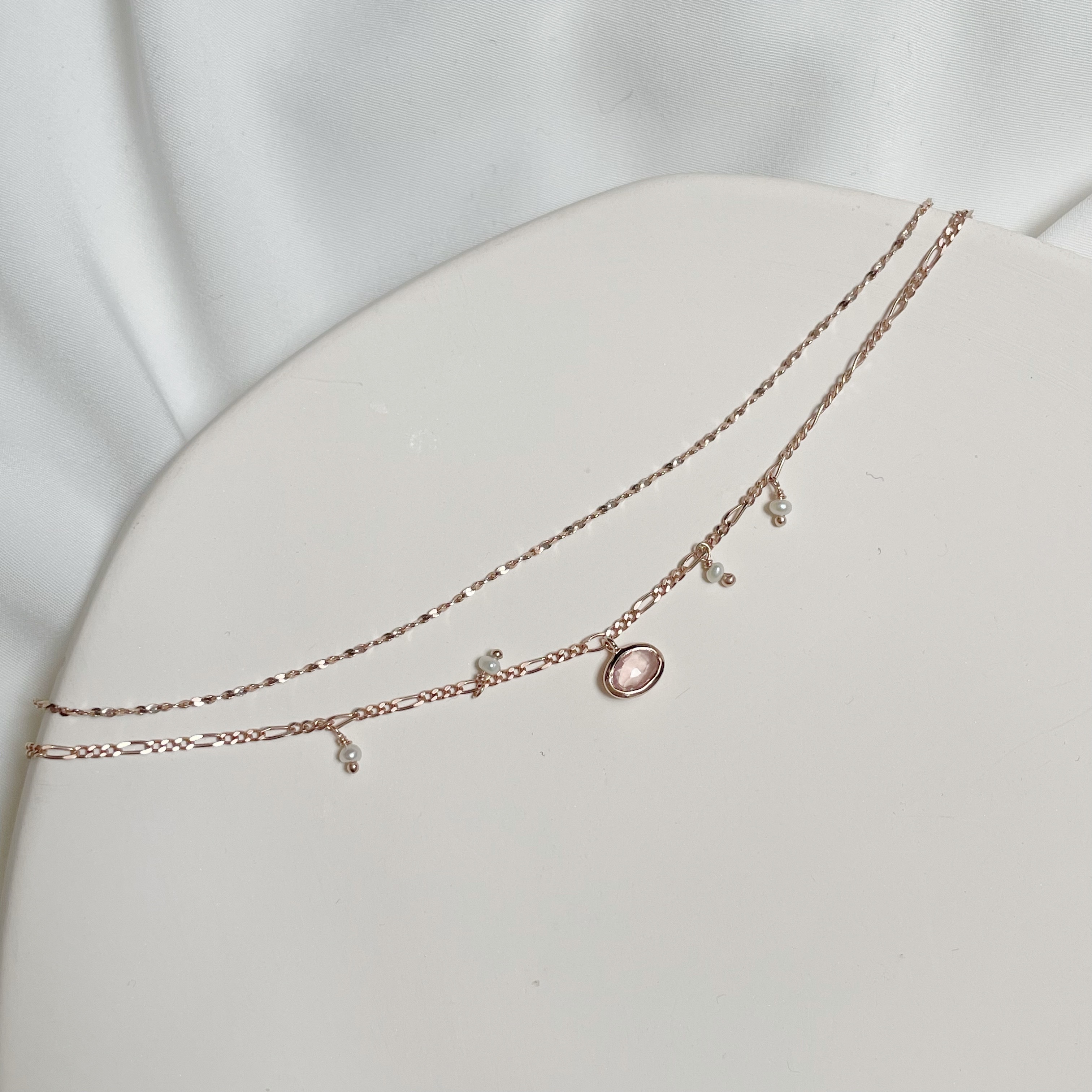 橫橢圓粉晶珍珠shiny雙層手鏈