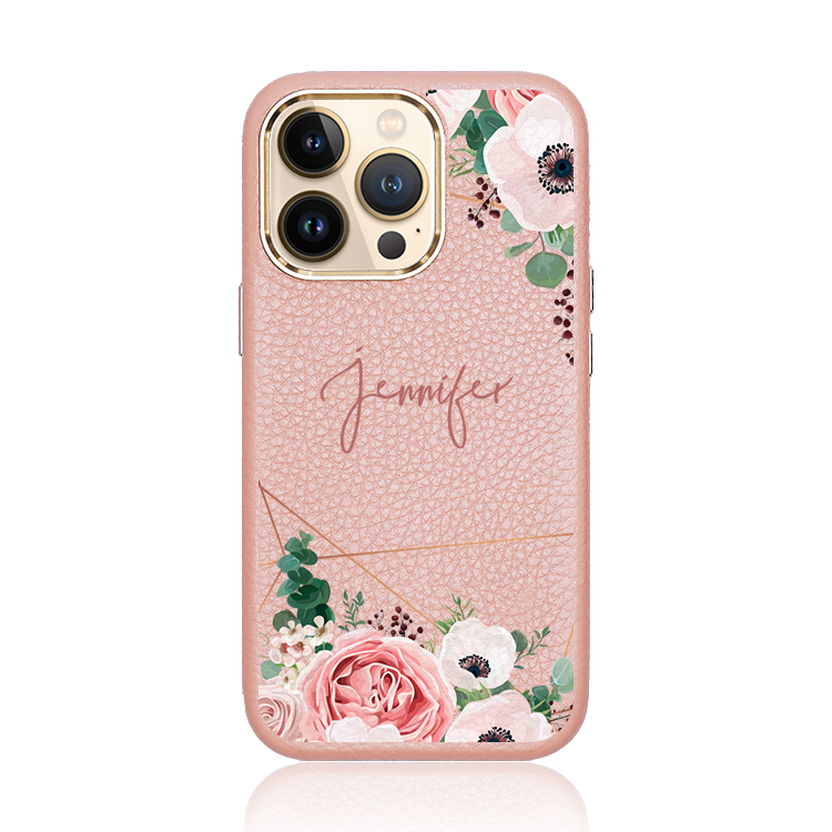 幾何玫瑰 蜜荔殼 蜜荔粉皮革殼 - (訂製名字) iPhone客製化手機殼