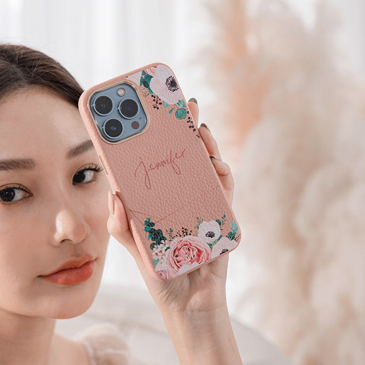 幾何玫瑰 蜜荔殼 蜜荔粉皮革殼 - (訂製名字) iPhone客製化手機殼
