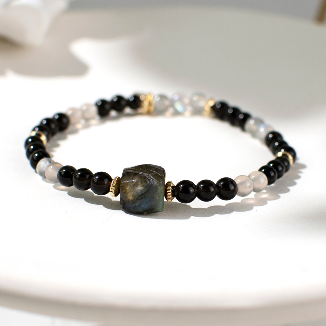 能量手鍊【天使之石】黑曜石月光石拉長石手鍊