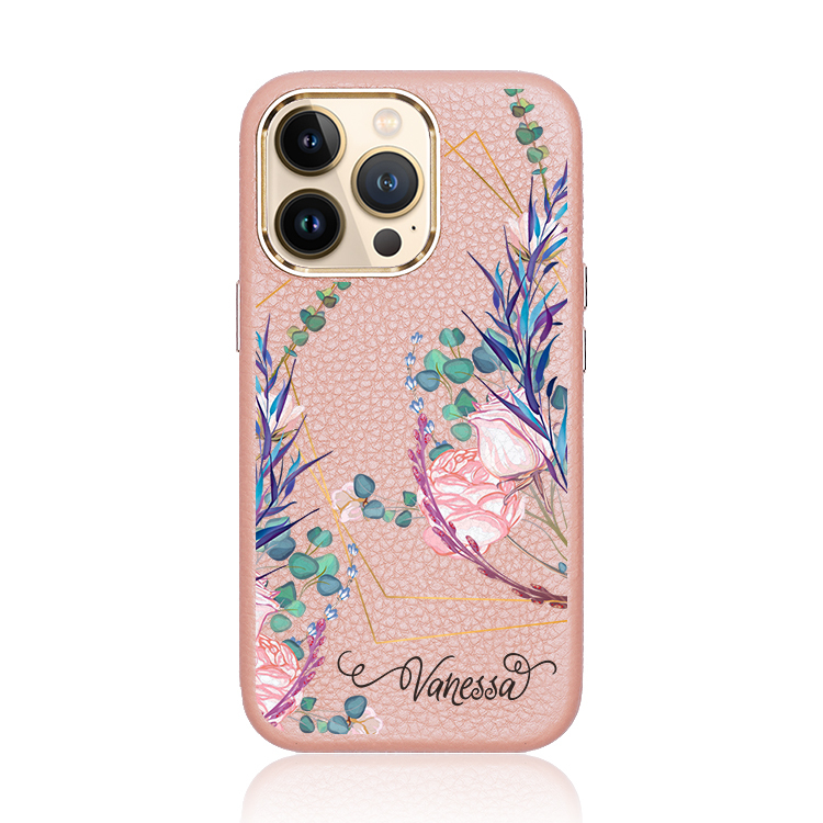 幾何花卉 蜜荔殼 蜜荔粉皮革殼 - (訂製名字) iPhone客製化手機殼