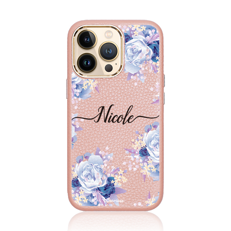 湛藍玫瑰 蜜荔殼 蜜荔粉皮革殼 - (訂製名字) iPhone客製化手機殼