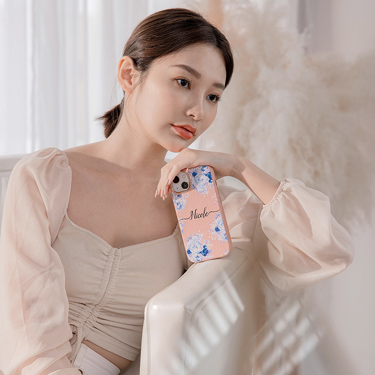 湛藍玫瑰 蜜荔殼 蜜荔粉皮革殼 - (訂製名字) iPhone客製化手機殼