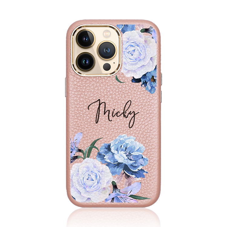 藍紫玫瑰 蜜荔殼 蜜荔粉皮革殼 - (訂製名字) iPhone客製化手機殼