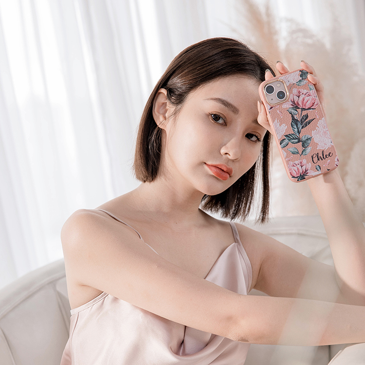 藕色牡丹 蜜荔殼 蜜荔粉皮革殼 - (訂製名字) iPhone客製化手機殼
